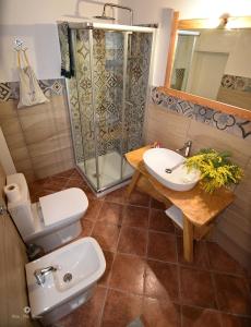 La salle de bains est pourvue d'une douche, de toilettes et d'un lavabo. dans l'établissement B&B LE MIMOSE, à Bricherasio