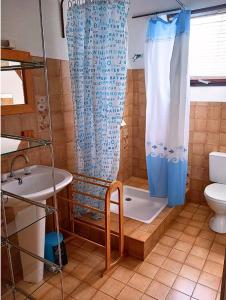 La salle de bains est pourvue d'une douche, de toilettes et d'un lavabo. dans l'établissement Maison familiale , Mine d'or à pied, à Pénestin