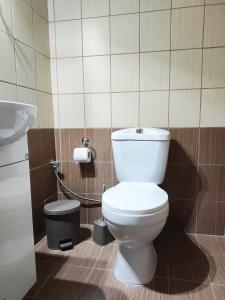 uma casa de banho com um WC branco e um lavatório. em Olivia's Loft House One em Ioannina