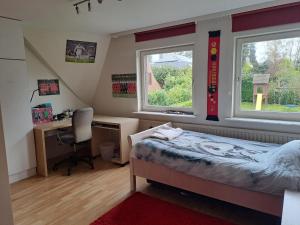 1 dormitorio con 1 cama, escritorio y 2 ventanas en Sweet home, en Tervuren