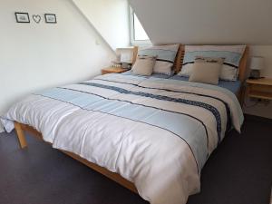 a bedroom with a large bed with blue and white sheets at Haus Petra - Fewo 1 in Dahme
