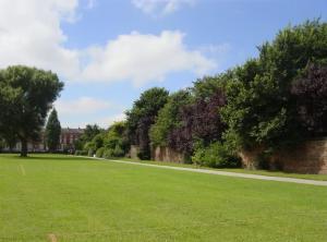 a green field with trees and a brick building at Botanic Residence in Liverpool