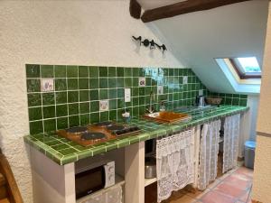 a bathroom with two sinks and a green tiled counter at Sous le bon Toit in Belley