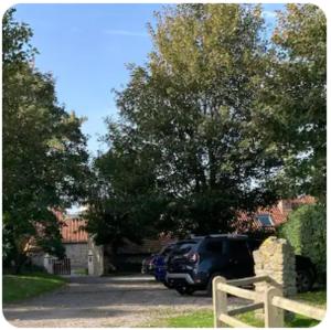 ein schwarzer Van in einer Einfahrt mit Bäumen geparkt in der Unterkunft La Grange Dimière in Saint-Martin-Boulogne + 1 Foto