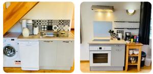 zwei Bilder einer Küche mit Spüle und Herd in der Unterkunft La Grange Dimière in Saint-Martin-Boulogne