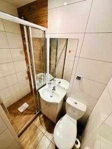 a bathroom with a toilet and a sink at Pokoje Gościnne in Kołobrzeg