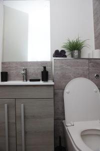 a bathroom with a white toilet and a sink at Modern and Comfy in City Centre PS4 , Free Parking ,Walking Distance To Bus, Train Stations And Shopping Centres in Leicester