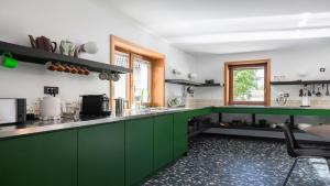 une cuisine avec des placards verts et un comptoir dans l'établissement Vila Vrba, à Žirovnica