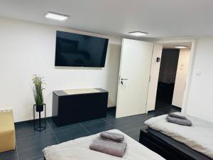 a room with two beds and a flat screen tv at Blauer Stein - Echo DZ02 in Pulheim