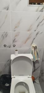 a white toilet in a bathroom with marble walls at Нощувки вип класа in Razgrad
