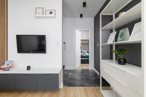 uma sala de estar com uma televisão na parede em Black and Grey Apartment in Cracow with Balcony, Parking and Desk by Renters em Cracóvia