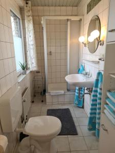 a bathroom with a toilet and a sink at Ferienwohnung ZWEI nähe Büsum in Oesterdeichstrich