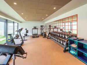 une salle de sport avec plusieurs tapis de course et machines elliptiques dans l'établissement ibis budget Rouen Parc des Expos Zenith, à Saint-Étienne-du-Rouvray