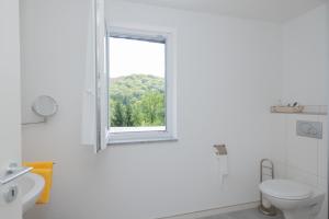 a white bathroom with a window and a toilet at Märchenwald Altenberg B&B Hotel in Odenthal
