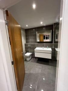 La salle de bains est pourvue d'un lavabo et de toilettes. dans l'établissement The Forest Haven Cottage - Free Parking & Wi-Fi, à Whitefield