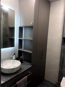 y baño con lavabo y ducha. en Modern Family Comfort: Yerevan/Wi-Fi, Balcony, AC, en Ereván