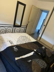 a bedroom with a bed with a black and white blanket at Chambre double privée, Appartement partagé in Annemasse