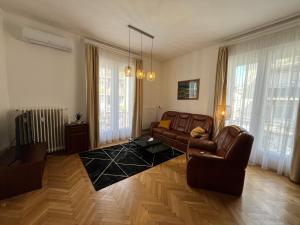 a living room with two leather couches and a rug at Apartamento Ecléctico Budapest in Budapest