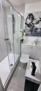 a bathroom with a shower and a toilet and a sink at Contemporary Studio Haven l 1Bed 1 Bath in London in London