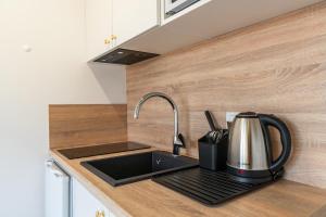 a kitchen with a sink and a tea kettle on a counter at Silver Forest in Szczecin