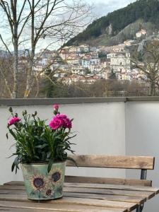 un vaso con fiori rosa seduto su una panca di legno di A Casa di Gioia a Castel di Sangro