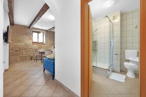 a bathroom with a shower and a toilet and a sink at Villa Vrsar in Vrsar