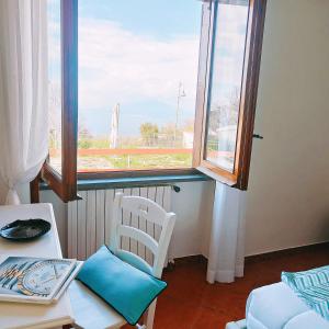 une chambre avec une table, une chaise et une fenêtre dans l'établissement Camera Panoramica in Villa vista Mare e Vesuvio, à Massa Lubrense