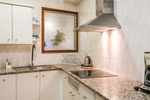 uma cozinha com um lavatório e um fogão em El mirador del pont em Besalú