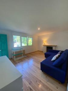 蓬特亞雷亞斯的住宿－Paraíso Gallego ®，客厅设有蓝色的沙发和壁炉