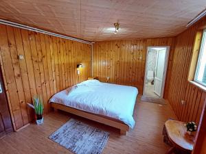 1 dormitorio con 1 cama en una habitación con paredes de madera en Pensiunea Poarta Raiului en Cugir