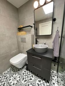 een badkamer met een wastafel, een toilet en een spiegel bij Turnus? Leilighet nær Ahus til leie in Lorenskog