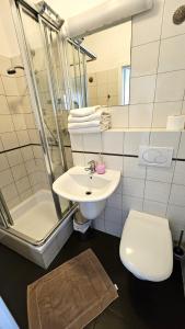 W łazience znajduje się umywalka, toaleta i prysznic. w obiekcie Marel- Apartamenty Rydz Polanica Zdrój w Polanicy Zdroju