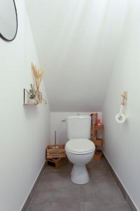 a bathroom with a white toilet in a room at Chez Morgane - Superbe maison familiale proche des remparts in Aigues-Mortes