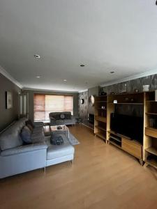 Spacious 4-Bed Haven - Free Parking & Wi-Fi في وايتفيلد: غرفة معيشة بها أريكة وتلفزيون