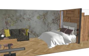 a rendering of a bedroom with a bed and a couch at Hotel Berghof Mayrhofen GmbH in Mayrhofen