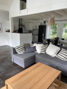 een woonkamer met een bank en een tafel bij Villa DUNE in Biscarrosse