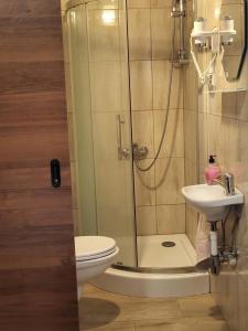 a bathroom with a shower and a toilet and a sink at Pensjonat Przy Błoniach in Kraków