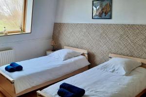 two beds in a room with blue pillows on them at La Maraitière in Guînes