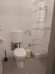 uma casa de banho com um WC e uma cortina de chuveiro em Sunny&Cozy - Maisonette Apartment in See Nähe em Feldkirchen in Kärnten