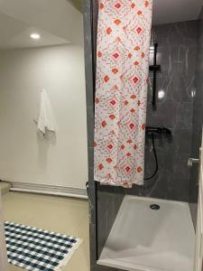 a bathroom with a shower stall with a checkered floor at Les Loges de la Commanderie ! in Coulommiers