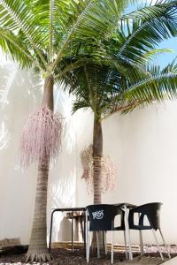 twee palmbomen naast een tafel en twee stoelen bij GuestReady - Charming Caniço Retreat in Caniço