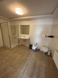 a bathroom with a toilet and a sink at goldenes kreuz in Vipiteno