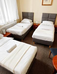 a hotel room with three beds in it at Hotel Lubavia in Lubawka