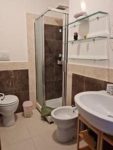 W łazience znajduje się toaleta, umywalka i prysznic. w obiekcie Cozy studio flat in Rome w Rzymie