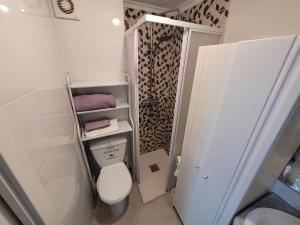 a small bathroom with a toilet and a shower at Nuevo! Amplio apto bien ubicado in Santander