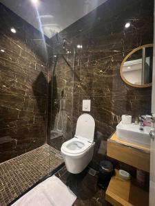 een badkamer met een toilet, een wastafel en een spiegel bij Urban Room 5 in Tirana