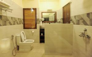 a bathroom with a toilet and a mirror at Eutsholing Boutique Hotel in Thimphu