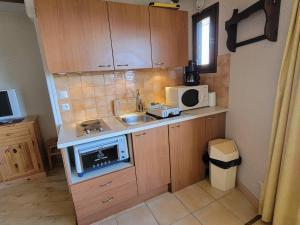 une petite cuisine avec un évier et un micro-ondes dans l'établissement Studio pour 2 avec balcon sud, proche station - FR-1-393-20, à Saint-Michel-de-Chaillol