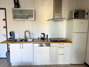 cocina con fregadero y nevera blanca en Appartement Argelès-sur-Mer, 2 pièces, 4 personnes - FR-1-388-222 en Argelès-sur-Mer