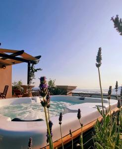 a hot tub with a view of the ocean at Aquilina in Apolpaina